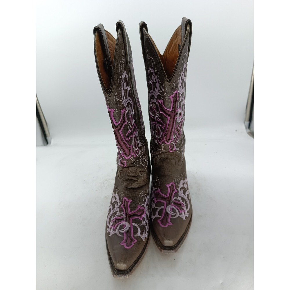 Womens JUSTIN Sepia Calf Cowboy Boots Size 7.5 B Purple Cross  L 4350 s7 - Picture 2 of 7
